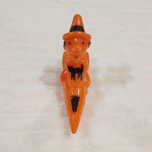 Orange Plastic Witch on a Rocket Toy, Halloween, Vintage 1950s